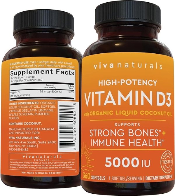 Vitamin D3 5000 IU (360 Softgels) - High Potency Vitamin D Supplements for Healthy Immune Function, Bones & Muscles, Made with Organic Coconut Oil
