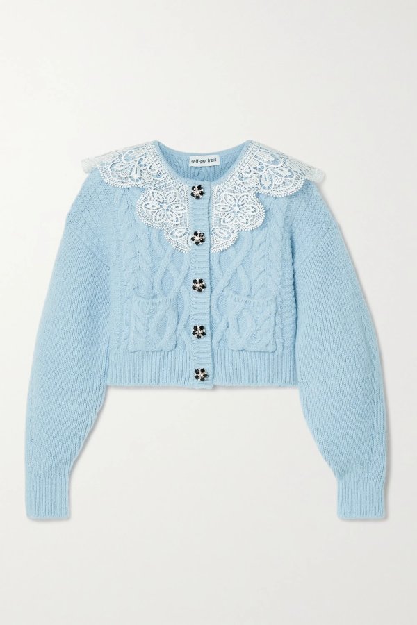 Cropped lace-trimmed crystal-embellished cable-knit cardigan