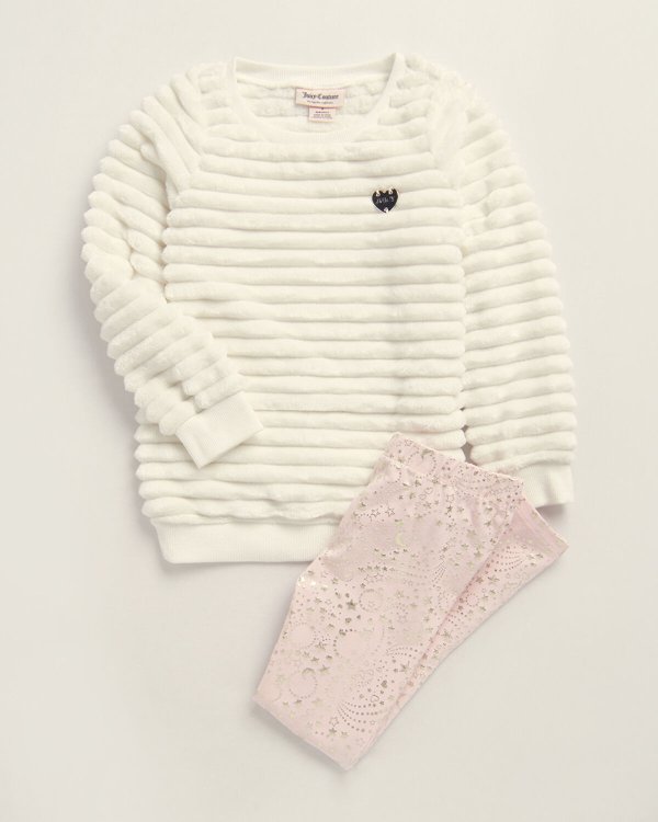 (Girls 4-6x) Two-Piece Faux Fur Pullover Sweatshirt & Leggings Set