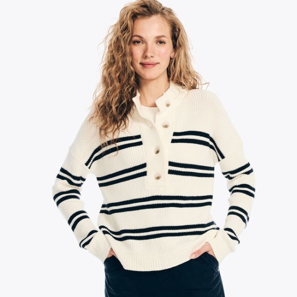 striped half cardigan henley sweater