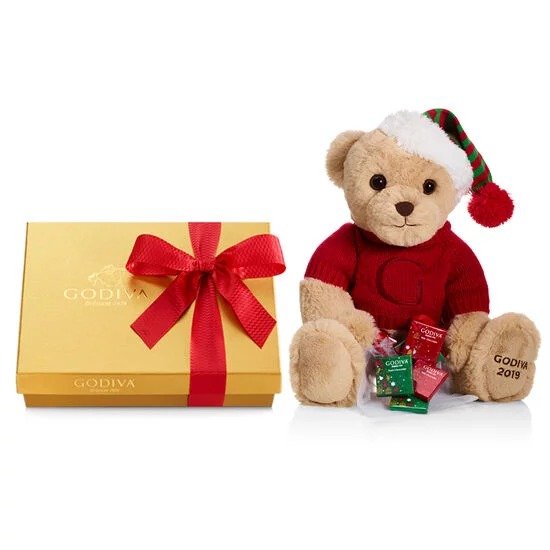 2019 Holiday Plush Bear with Assorted Chocolate Gold Gift Box, Red Holiday Ribbon, 19pc.