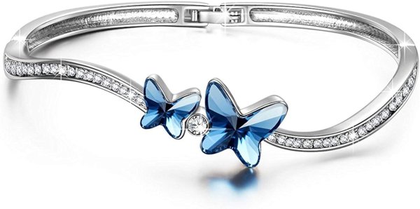 Women 7" Bracelet Bangle Fashion Jewelry with Swarovski Crystals (White Gold/Rose Gold Plated/Butterfly)