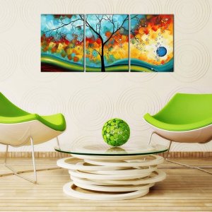 Ode-Rin Art - Modern Abstract Landscape Tree 3 Pieces Wall Art Artwork Blue Framed Giclee Canvas Prints for Living Room Home Decor, Ready to Hang - 36x16 Inch