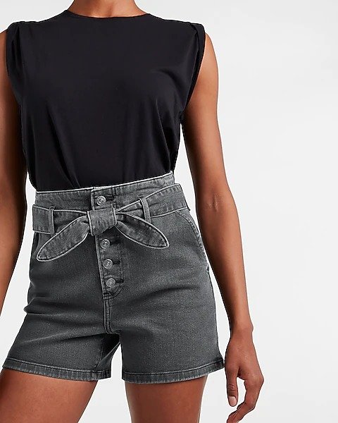 Super High Waisted Black Belted Button Fly Jean Shorts