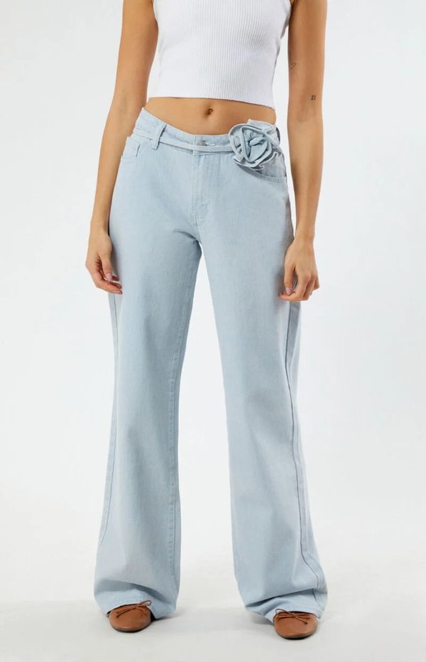 Light Indigo Rose Belted Low Rise Baggy Jeans