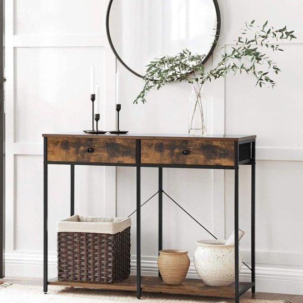 Console Table, Sofa Side Table with 2 Drawers, Metal Frame, for Entryway, Living Room, Rustic Brown and Black ULGS022B01