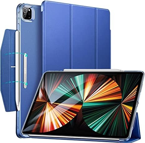 Trifold Case Compatible with iPad Pro 12.9 Inch 2021 (5th Generation), Translucent Stand Case with Clasp, Auto Sleep and Wake, Pencil 2 Wireless Charging, Ascend Series, Blue