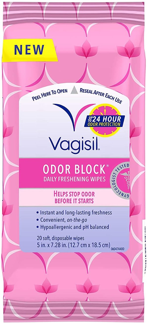 Odor Block Daily Freshening Feminine Intimate Wipes for Women, Gynecologist Tested, 20 Wipes in a Resealable Pouch