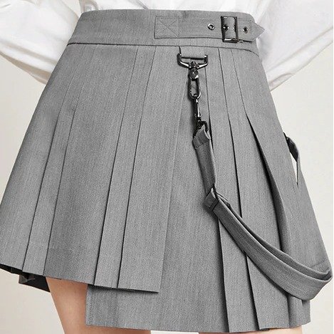 Grey Pleated Skirts With Diagonal Straps