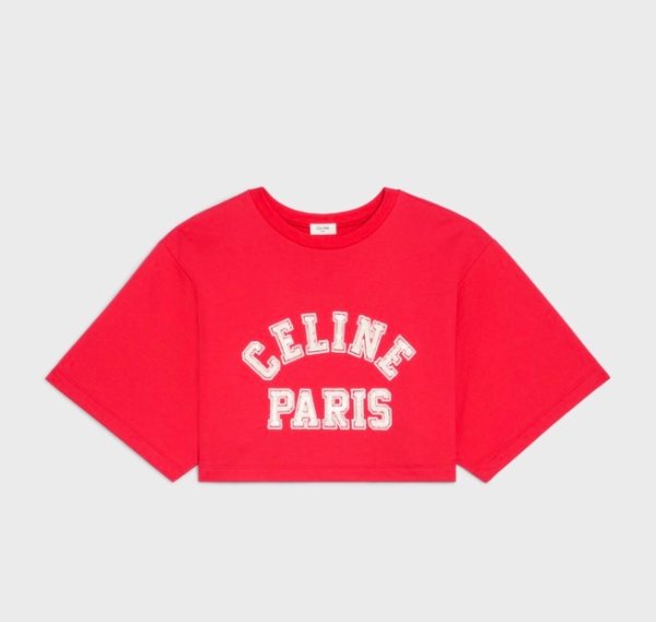 Cropped Celine T-shirt in Cotton fleece - ROUGE INTENSE / OFF WHITE