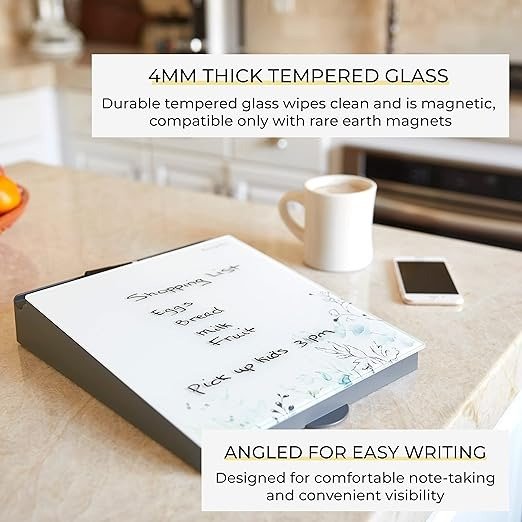 MessageStor Dry-Erase Glass Board Memo Station, Desk Organizer, Botanical