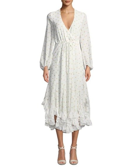 Sophia Dot-Print Long-Sleeve Drawstring Godet Midi Dress