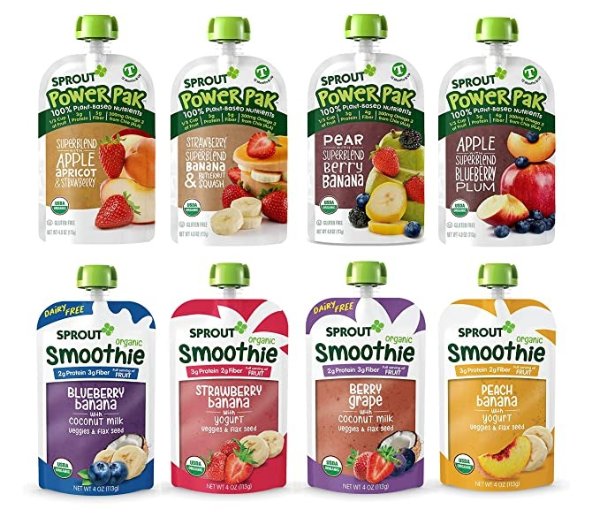 Organic Baby Food, Stage 4 Toddler Pouches, 8 Flavor Power Pak and Smoothie Sampler, 4 Oz Purees (Pack of 12)