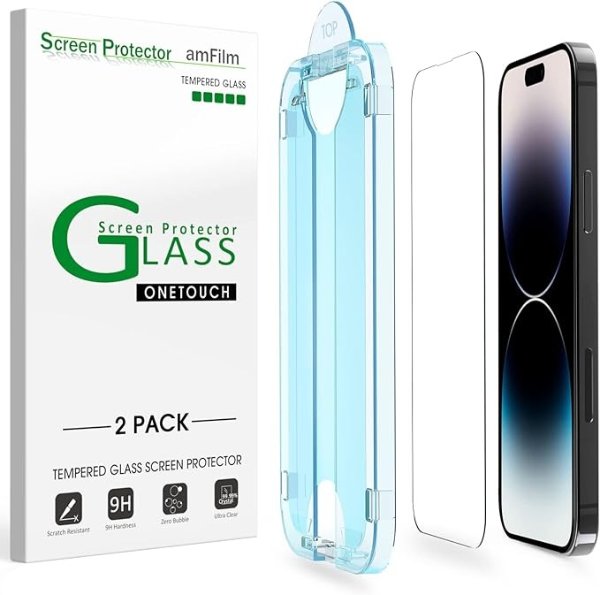OneTouch Compatible with iPhone 14 Pro Max (6.7") 2022 Tempered Glass Screen Protector - with Easy Installation Kit, Full Coverage Case Friendly (2-Pack)