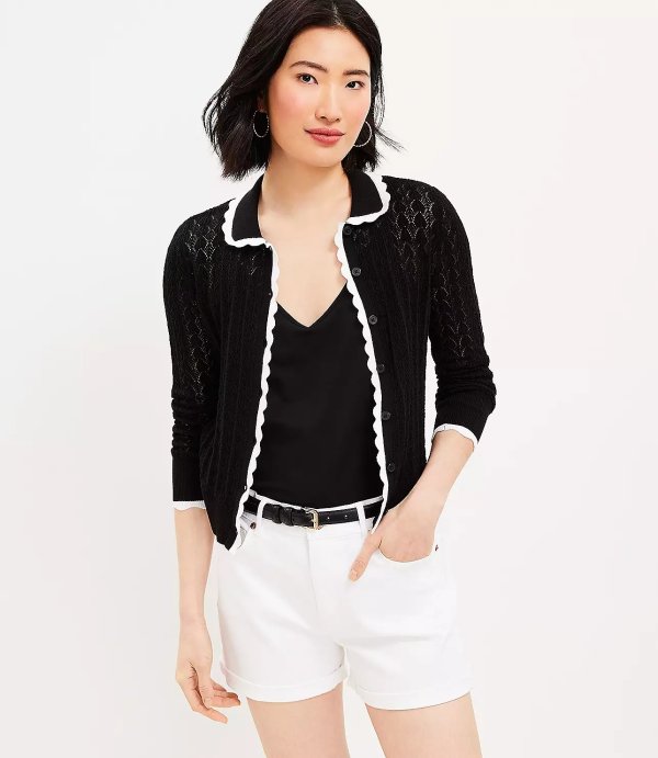 Scalloped Pointelle Collared Cardigan