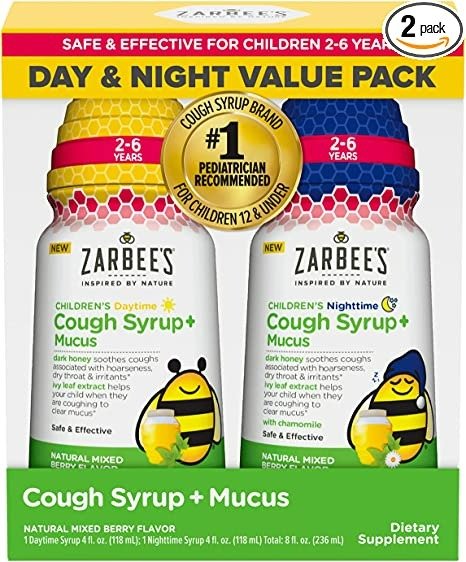 Zarbee's Kids Cough + Mucus Day/Night Value Pack for Children 2-6 with Dark Honey, Ivy Leaf, Zinc & Elderberry, #1 Pediatrician Recommended, Drug & Alcohol-Free, Mixed Berry Flavor, 2x4FL Oz