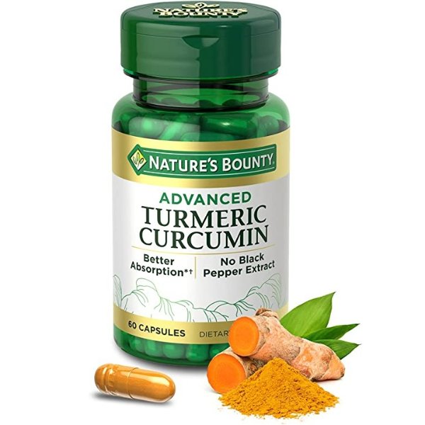 Nature’s Bounty Advanced Turmeric Curcumin Provides 750% Better Absorption Without Black Pepper Extract or Bioperine. 60 Count Capsules. 60 Servings. Packaging May Vary