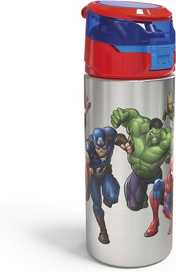 Marvel Comics Durable Single Wall Stainless Steel Water Bottle with Push-Button Flip Lid Leak-Proof Design is Perfect for Outdoor Sports (19.5oz, BPA Free), 19.5 oz, Avengers