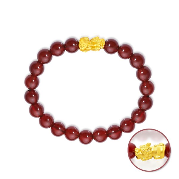999 Pure 24K Gold Pixiu and Agate Marbles Bracelet (Red)