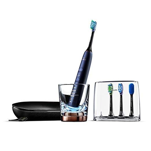 DiamondClean Smart Electric, Rechargeable toothbrush for Complete Oral Care, w/Charging Travel Case, 5 modes, 4 Brush Heads & Brush Head holder - 9750 Series, Lunar Blue, HX9954/56