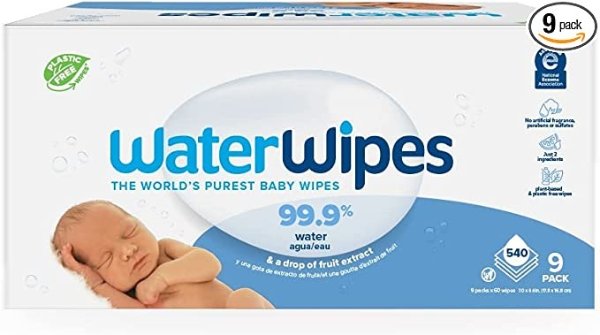 Plastic-Free Original Baby Wipes, 99.9% Water Based Wipes, Unscented & Hypoallergenic for Sensitive Skin, 540 Count (9 packs), Packaging May Vary