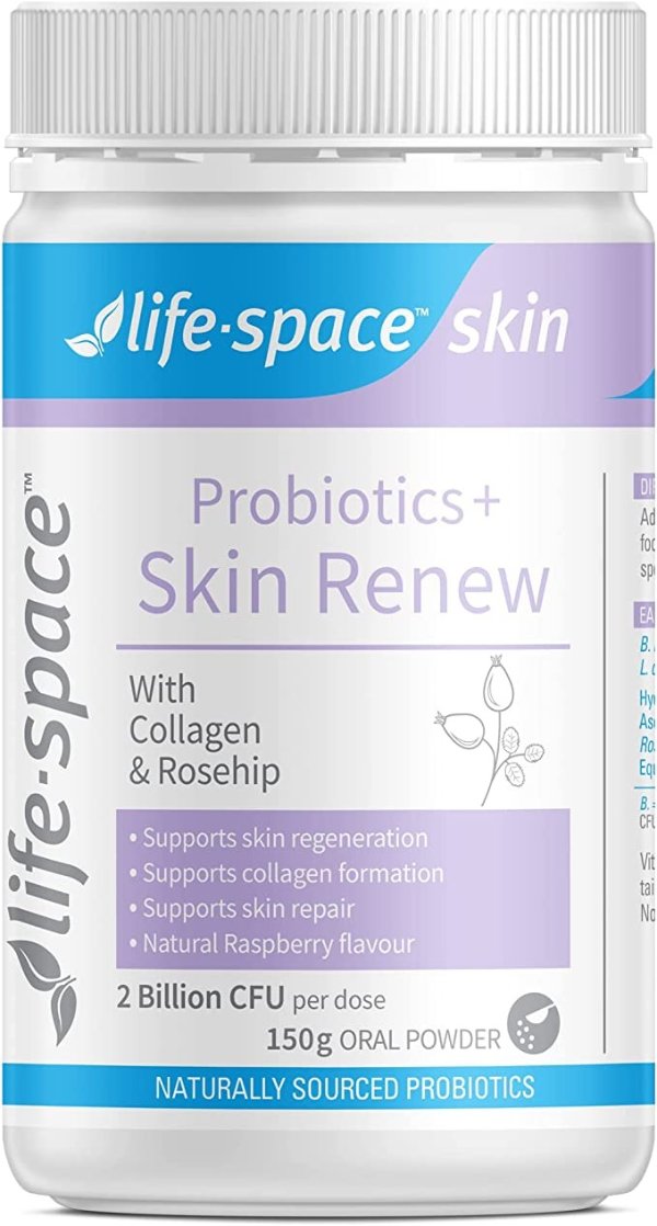 -Space Skin Renew Probiotic Powder, 2 Billion CFU, 2.6g Hydrolysed Marine Collagen, Supports Skin Repair , Regeneration & Hydration, Rosehip, Vitamin C - Natural Raspberry Flavor, 150g
