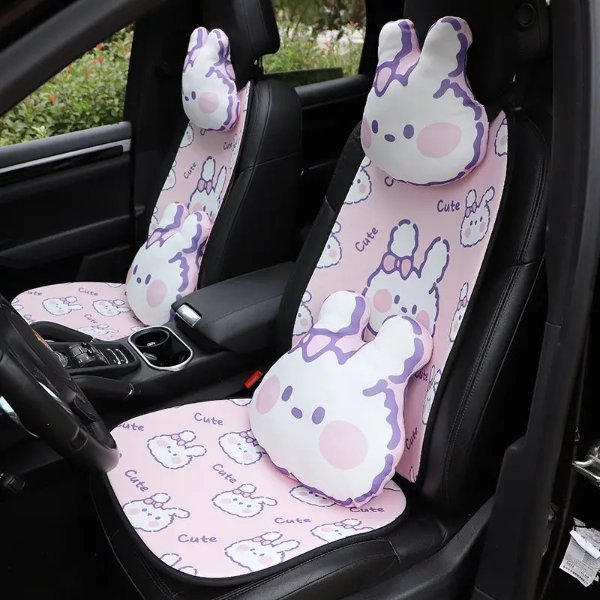 Car Cushion Set Ice Silk Cartoon Cute Rabbit Print Breathable Anti Skid Backstest Front And Rear Seat Cushion For Car Seat - Automotive - Temu