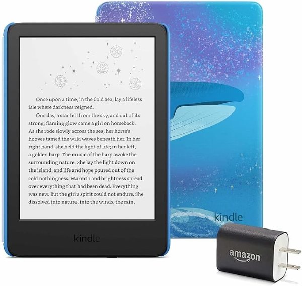 Kindle Kids Essentials Bundle including Kindle Kids (2022 release), Kids Cover - Space Whale, Power Adapter, and Screen Protector