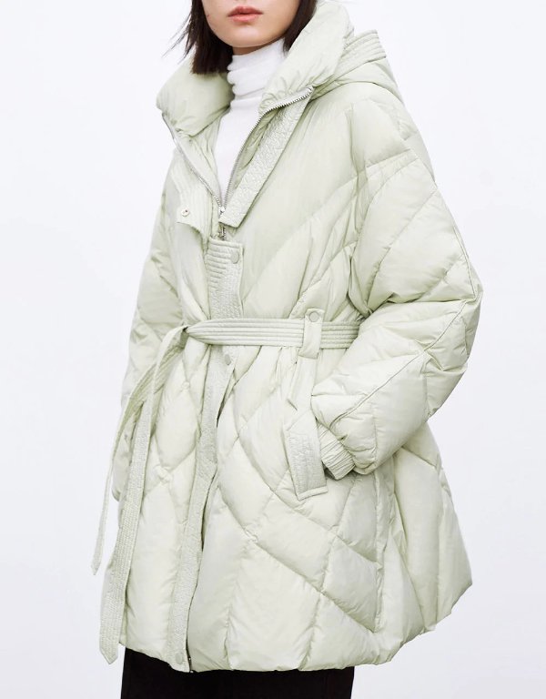 Belted Hooded Quilted Down Coat