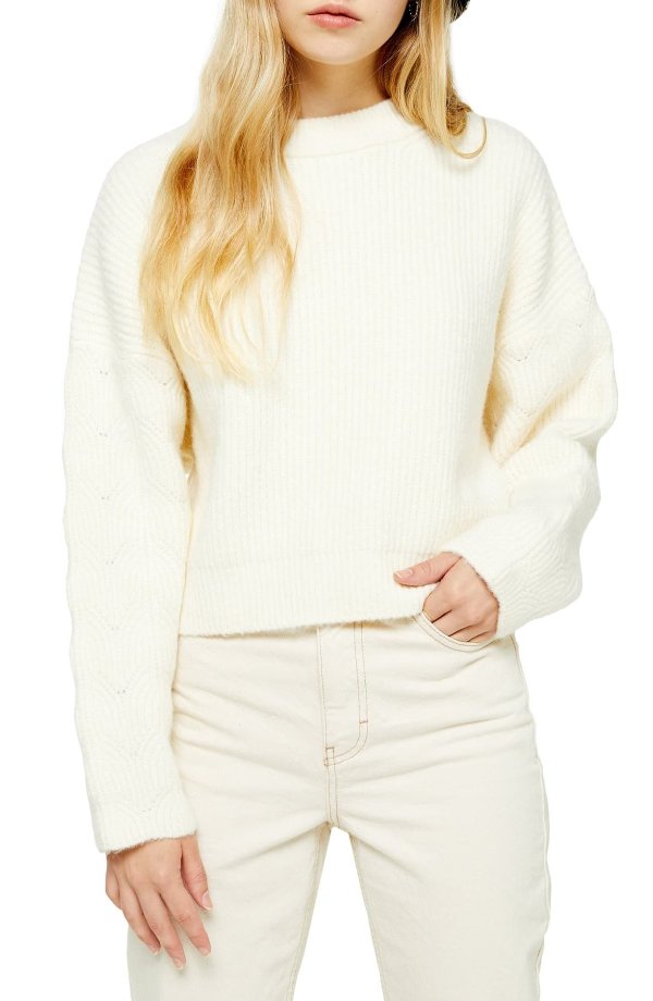 CABLE KNIT SLEEVE CREW SWEATER