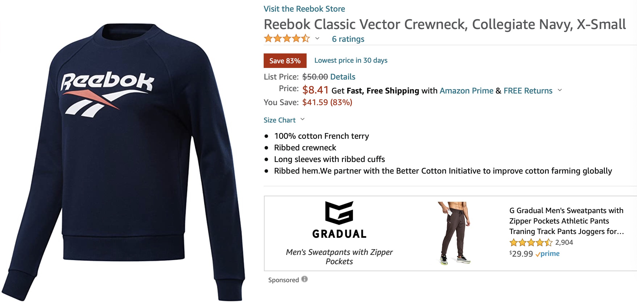 Amazon.com: Reebok Classic Vector Crewneck, Collegiate Navy, X-Small 锐步经典圆领长袖T恤，海军蓝 加小号