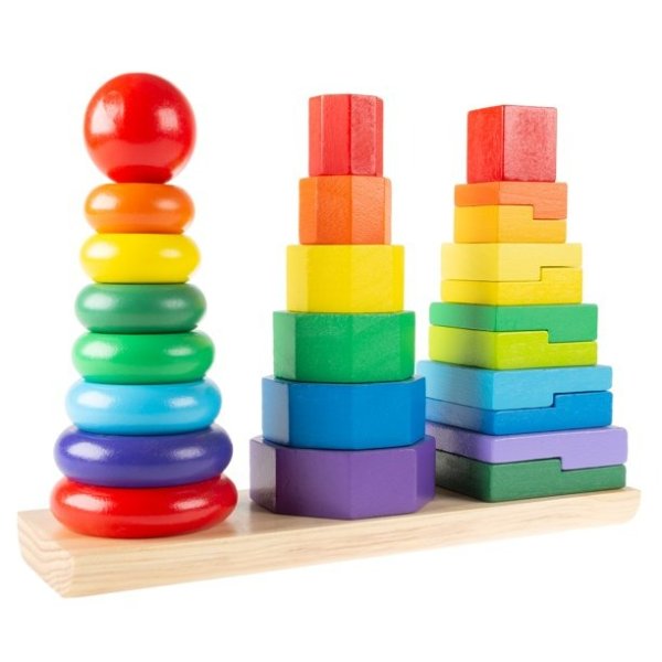 Rainbow Stacking Shapes - Classic Wooden Montessori Manipulation Toy by Hey! Play!