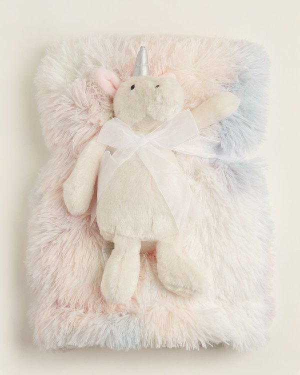 (Newborn Girls) Two-Piece Unicorn Shaggy Blanket & Toy Set