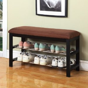 Roundhill Furniture Dark Espresso Wood Shoe Bench with Chocolate Microfiber Seat