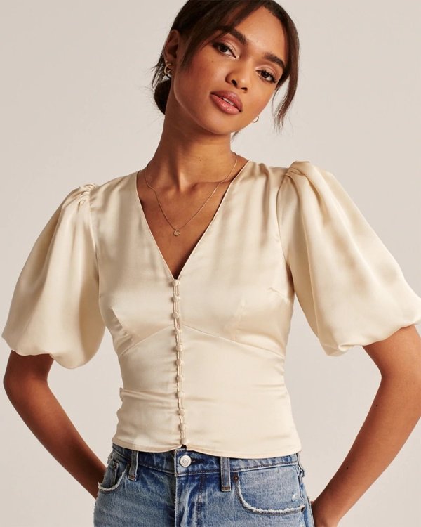 Womens Satin Puff Sleeve Top | Womens Sale Up to 50% Off | Abercrombie.com