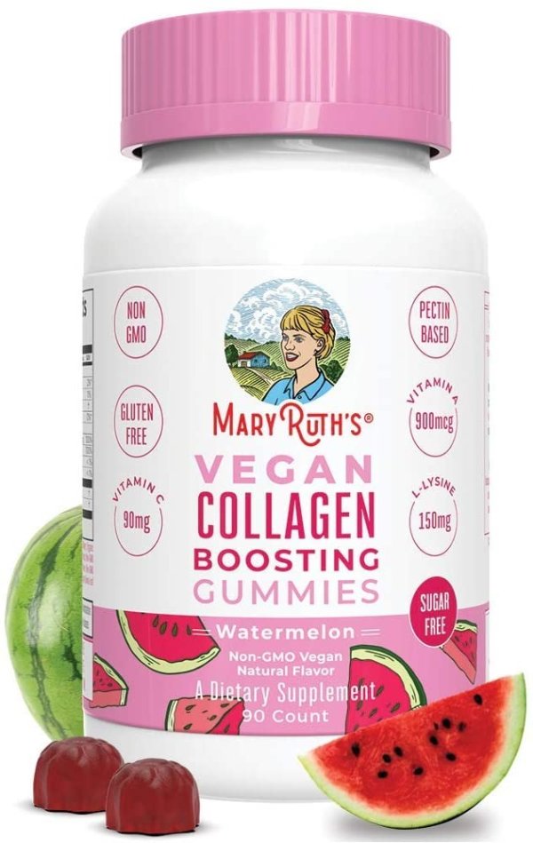 Vegan Collagen Boosting Gummies for Hair Skin & Nail Health by MaryRuth's - Plant Based Supplement w/ Lysine Vitamin A, C, Alma Fruit Complex- Animal Peptide & Sugar Free - Watermelon 90 Count