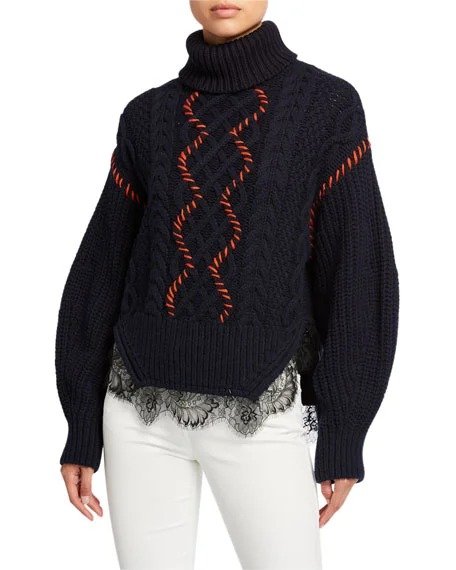 Cable-Knit & Lace-Trim Turtleneck Sweater