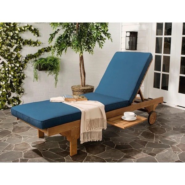 Outdoor Living Newport Brown/ Navy Cart-Wheel Adjustable Chaise Lounge Chair - 27.6" x 78.7" x 14.2"