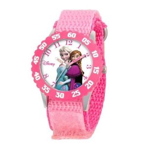 Disney Kids' W000969 Frozen Anna and Elsa Time Teacher Watch with Pink Nylon Band