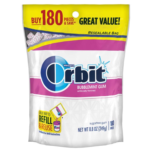 ORBIT Bubblemint Sugarfree Gum, 8.5-Ounce Resealable Bag, 180 Pieces