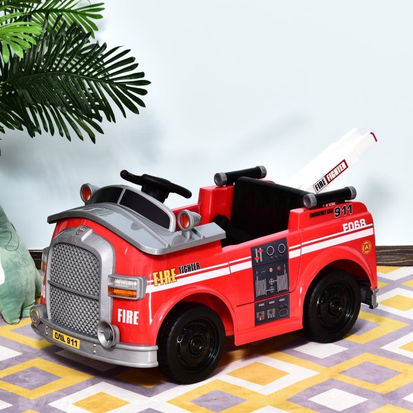 Aosom 6V Electric Ride-On Fire Truck Vehicle for Kids with Remote Control Music Lights and Ladder, Kids Ride On Toys | Aosom