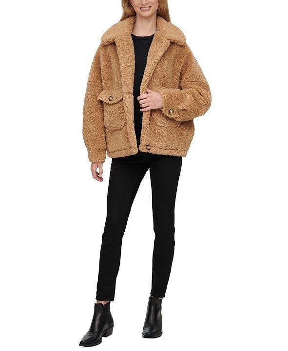 Button-Front Faux-Sherpa Teddy Coat