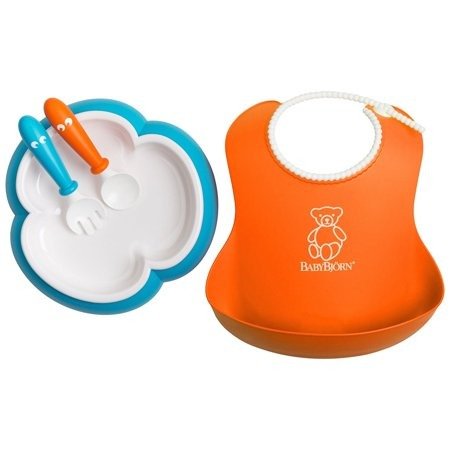Baby Feeding Set - Orange Soft Bib, Turqouise Plate, Orange Spoon and Turquoise Fork