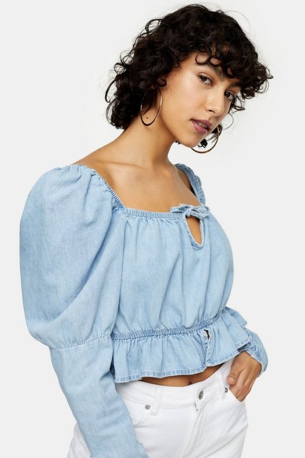 Lightweight Denim Lace Sleeve Prairie Crop Shirt