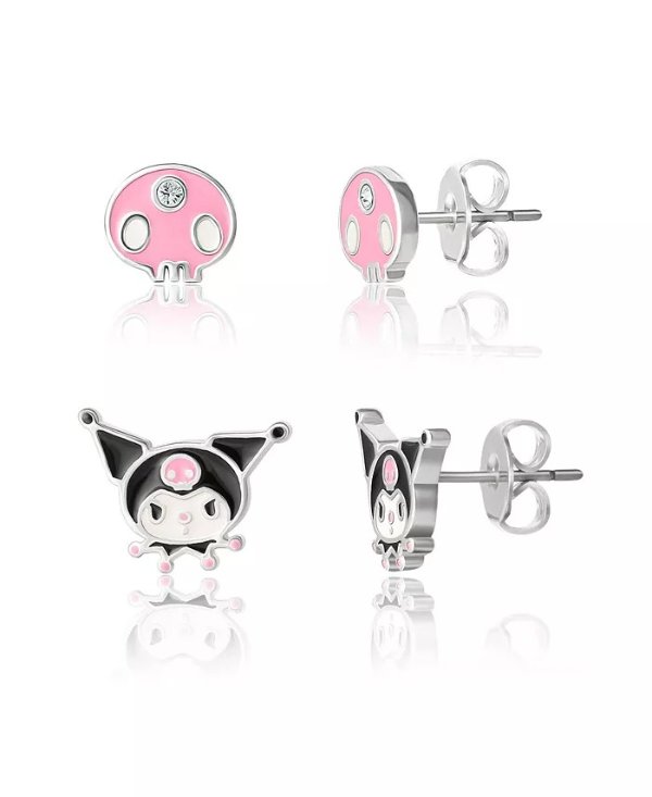 Sanrio Pink Skull and Kuromi Silver Plated Earring Set - 2 Pairs, Officially Licensed