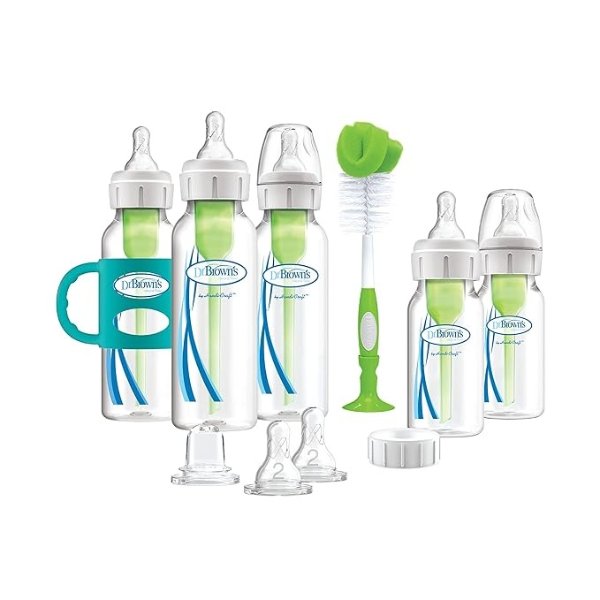 Dr. Brown’s Natural Flow® Anti-Colic Options+™ Narrow Bottle to Sippy Gift Set with Soft Silicone Sippy Spout, Removable Silicone Handles, Travel Cap and Bottle Brush