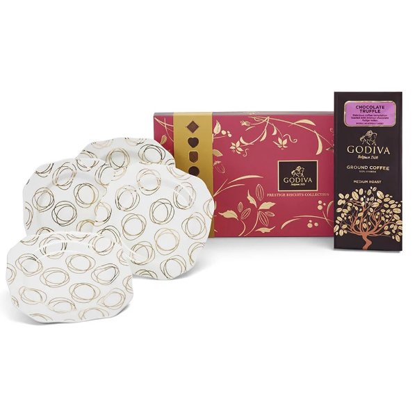 Set of 4 Gold & White Dessert Plates, Assorted Chocolate Biscuits & Chocolate Truffle Coffee