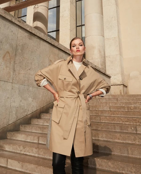 Beige dual fabric long checked coat