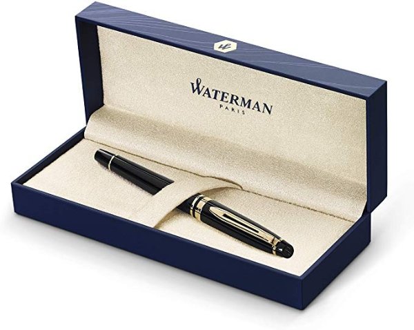 Waterman Expert Fountain Pen, Gloss Black with 23k Gold Trim, Medium Nib with Blue Ink Cartridge, Gift Box