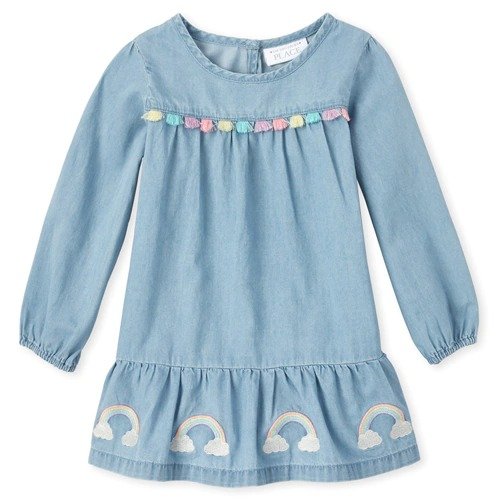 Baby And Toddler Girls Embroidered Rainbow Chambray Dress